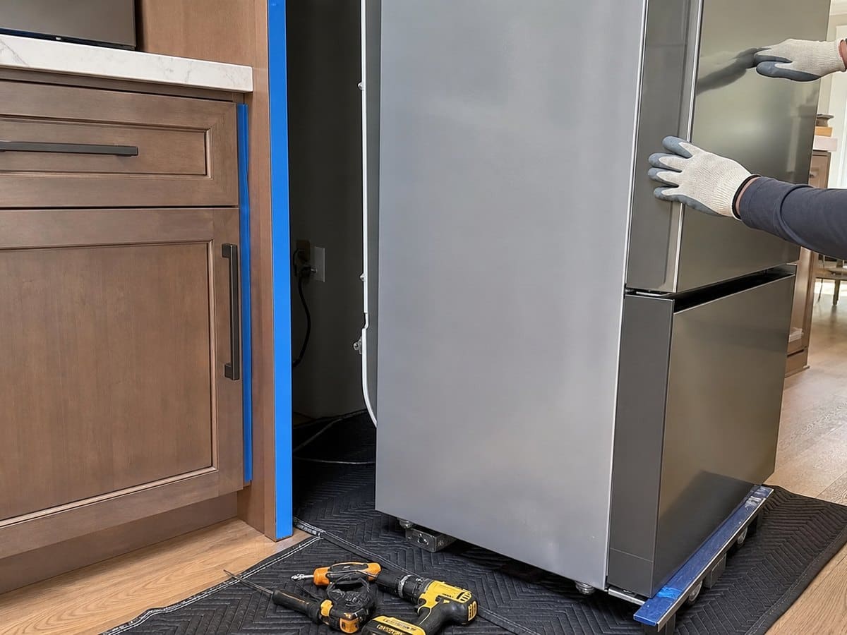 Built-in refrigerator pulled forward from custom cabinetry with floor protection during service