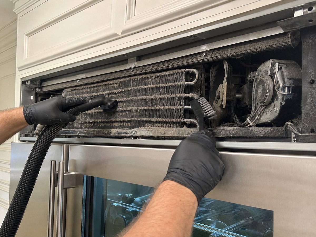Close-up of a Sub-Zero condenser coil and fan being cleaned during a Montclair noise diagnosis