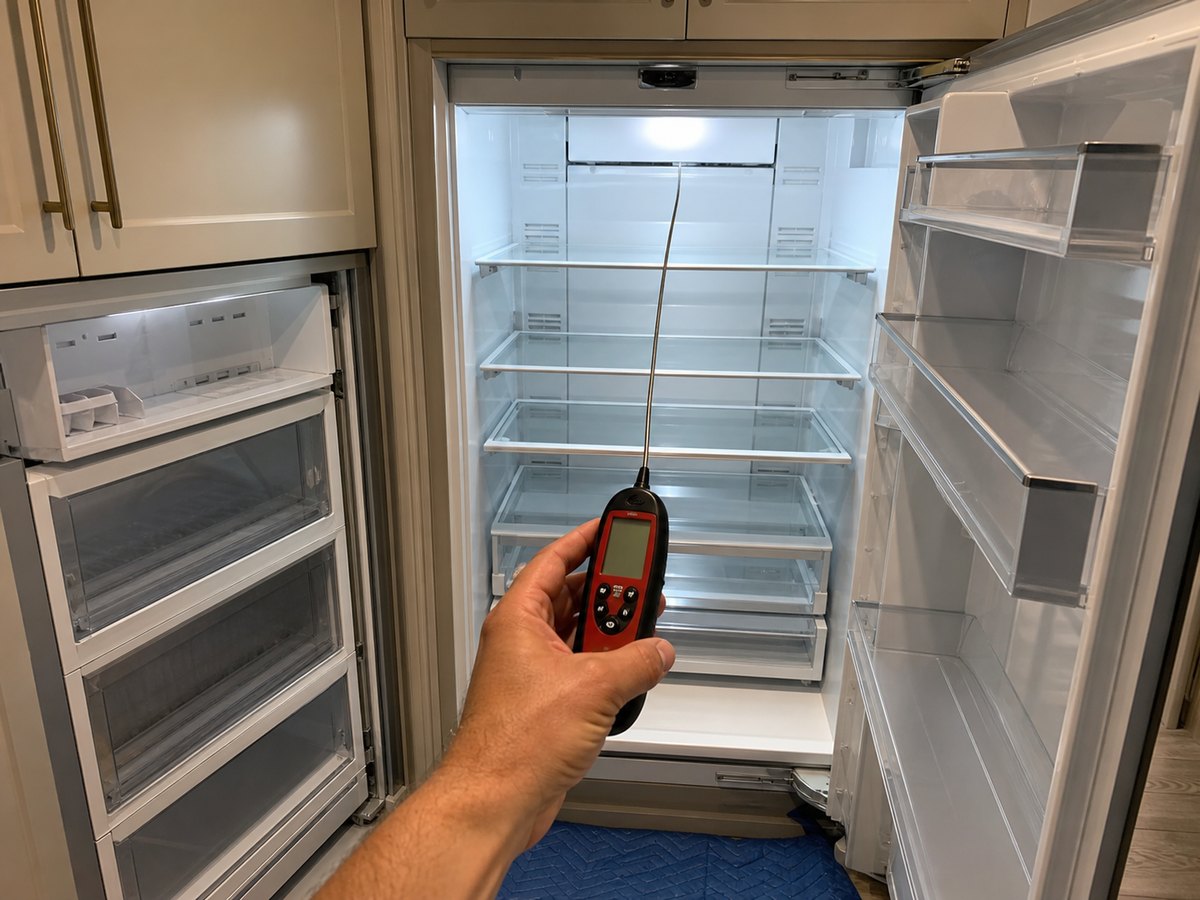 Technician verifying Sub-Zero freezer temperature with a probe during a Montclair diagnosis
